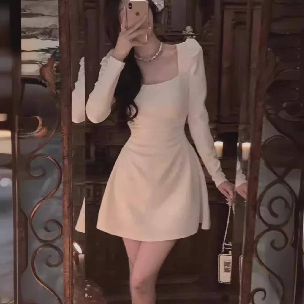 Elegant French Square Neck Dress - Women's Autumn 2023 Waist-Slimming Long Sleeve