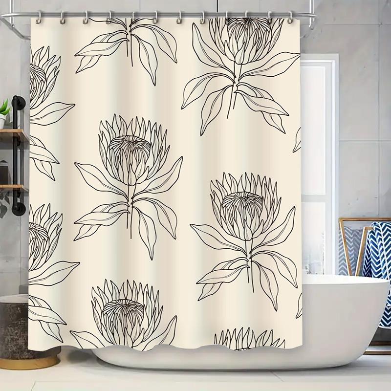 

Modern Black Line Flower Shower Curtain Decorative Customizable Waterproof Fabric For Bathroom Showers W60H190(CM)-1 Pcs