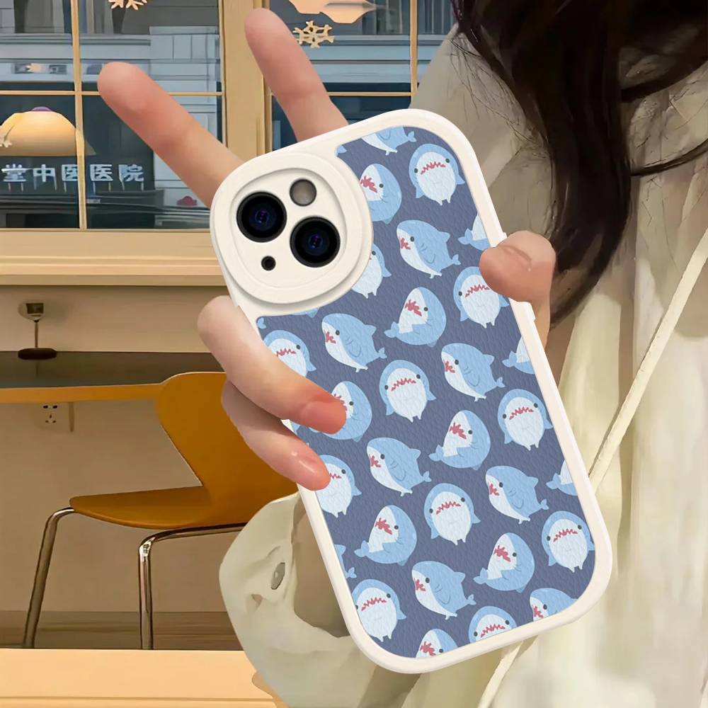 Cute anime Shark Leather Phone Case For iPhone 16 15 14 17 Pro Max 11 12 Mini Plus Soft Shell
