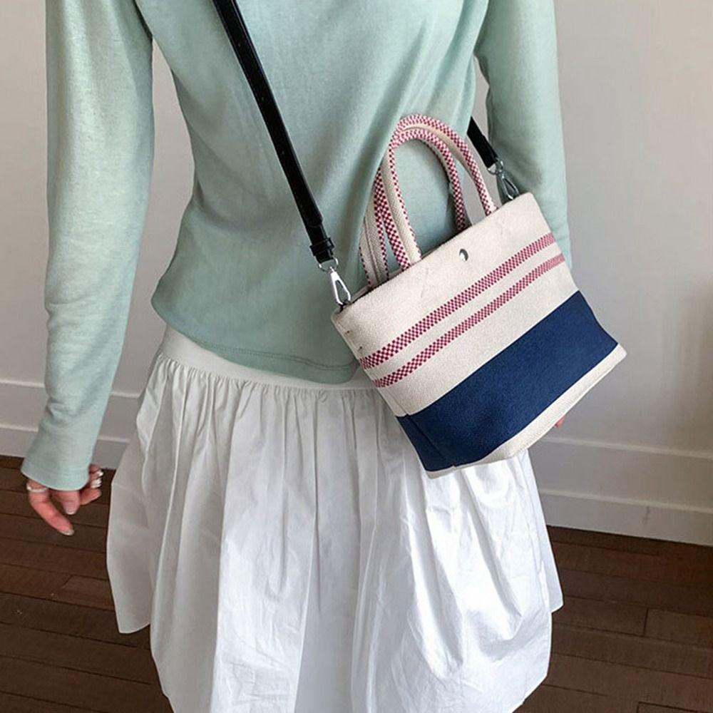 Blue White Striped Stripe Canvas Bag Large Capacity Lunch Bag Portable Weave Handbag  Outdoor