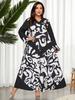 Plus Size Retro Abstract Art V-Neck Long Dress with Patchwork Sleeves