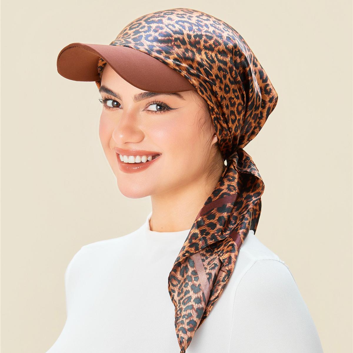 Dames Bloemig Print Zijde Baseballpet Met Vierkante Sjaal, Multifunctionele Baseballpet Voor Dagelijks Gebruik, Feest & Bijeenkomst One Size koffie
