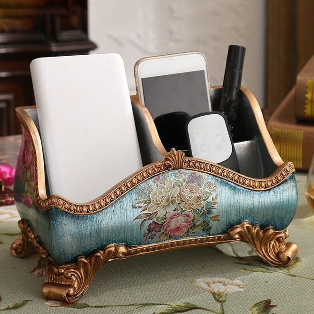 Resin European Style Storage Box Flower Pattern 3 Compartment Remote Control Box Decorative Retro Remote Control Holder