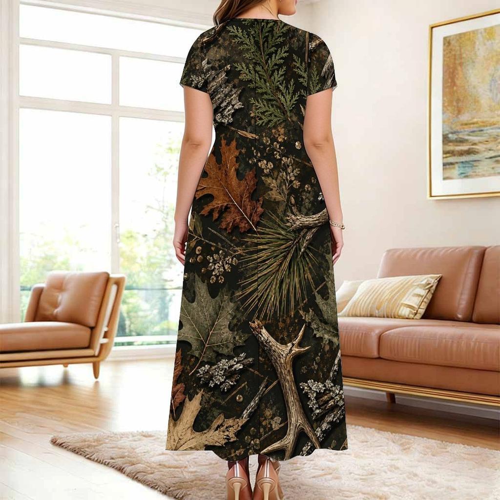 Women Plus Size Round Neck Keyhole Cutout Short Sleeve Leaves Printed Maxi Dress