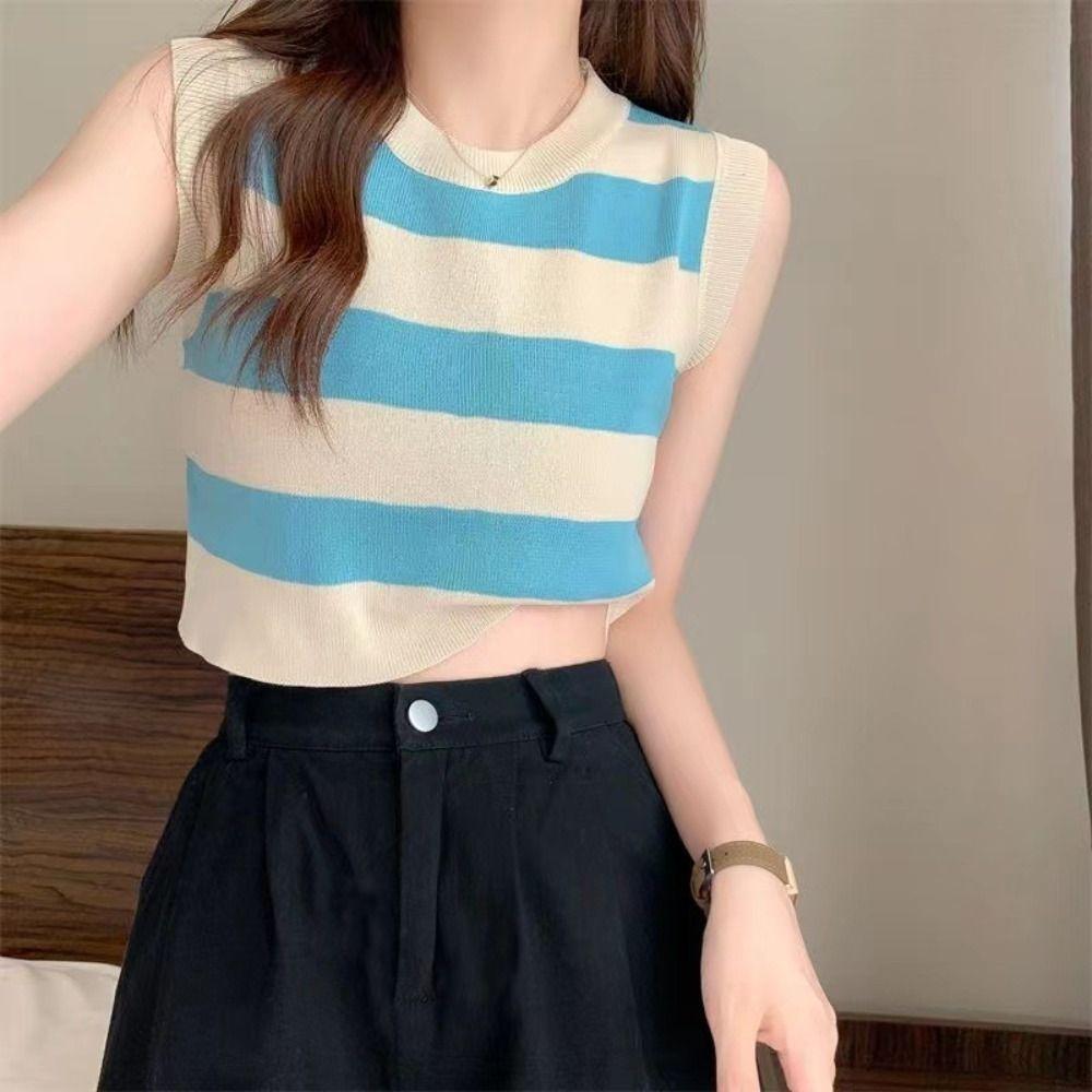 

Акриловое волокно Контрастный полосатый вязаный жилет Вязаный жилет без рукавов Вязаный жилет Женский светло-синий