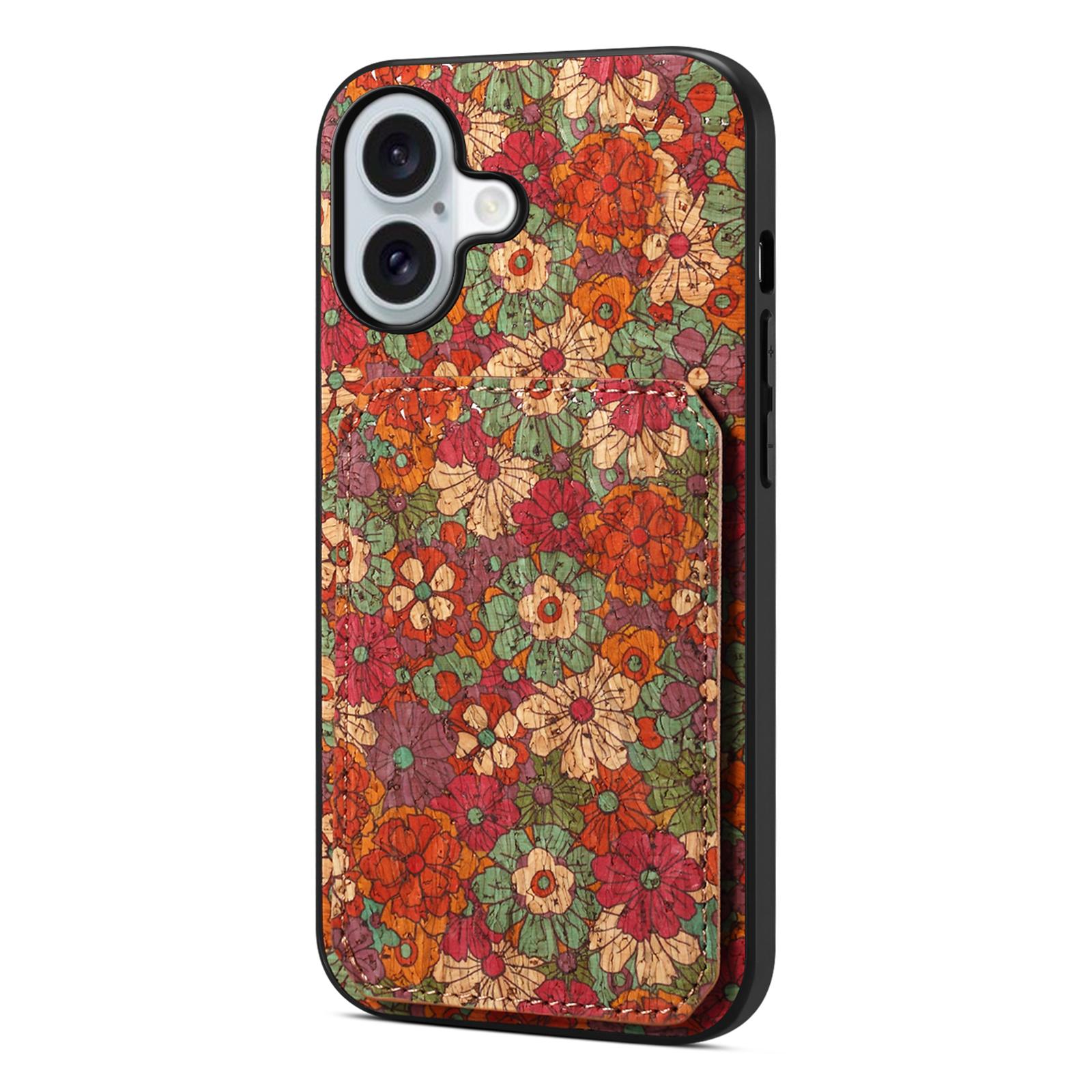 

For iPhone 17 Case with Card Holder Kickstand Flowers Design Leather Phone Cover Summer/Red