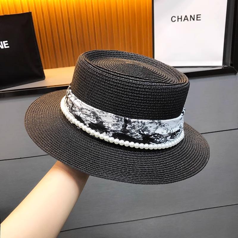 Flat top top hat design sense pearl temperament versatile straw hat summer vacation shade beach hat children