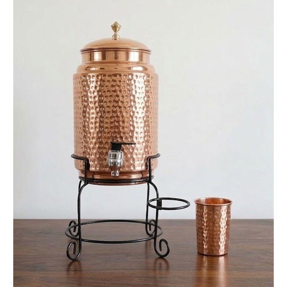 Copper Water Dispenser Set, 5 Litres, with Stand, 1 Glasses and ABS Tap, HaMmered Design (HaMmered Natura)