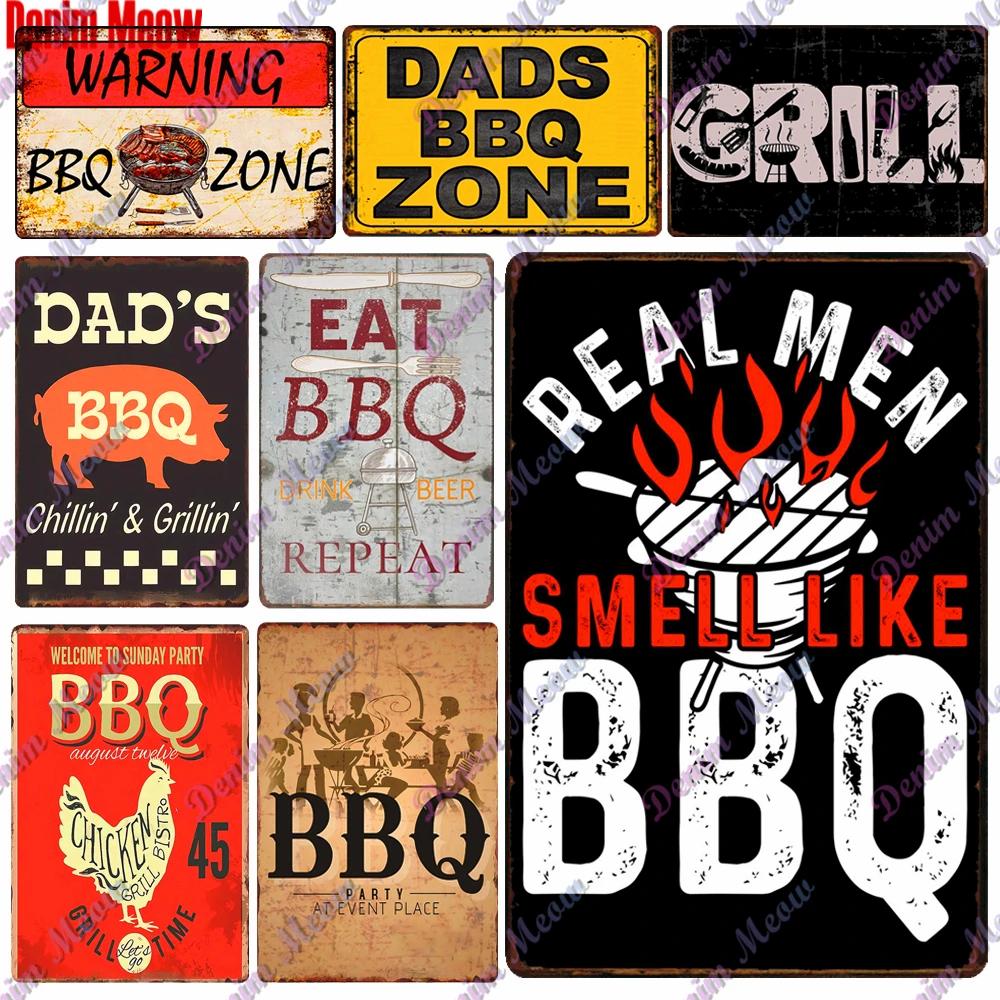 Pancarte Métallique Rétro pour Fête Barbecue Zone BBQ des Papas Temps de Grillade Affiche Décoration Murale pour Bar Pub Cuisine Maison WY