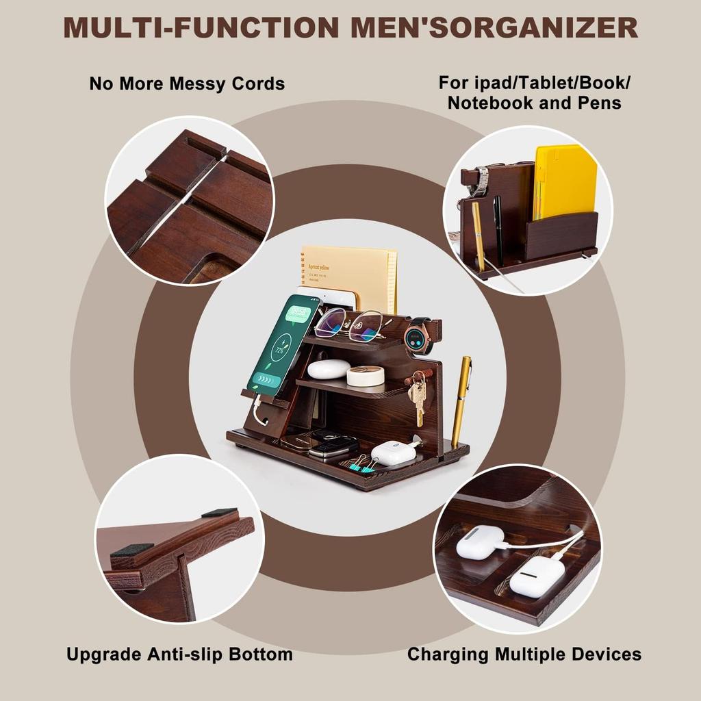 KOCWELL Wood Phone Docking Station Ash Key Holder Stand Watch Organizer Men Husband Wife Anniversary Dad Birthday Nightstand Purse Father Graduation