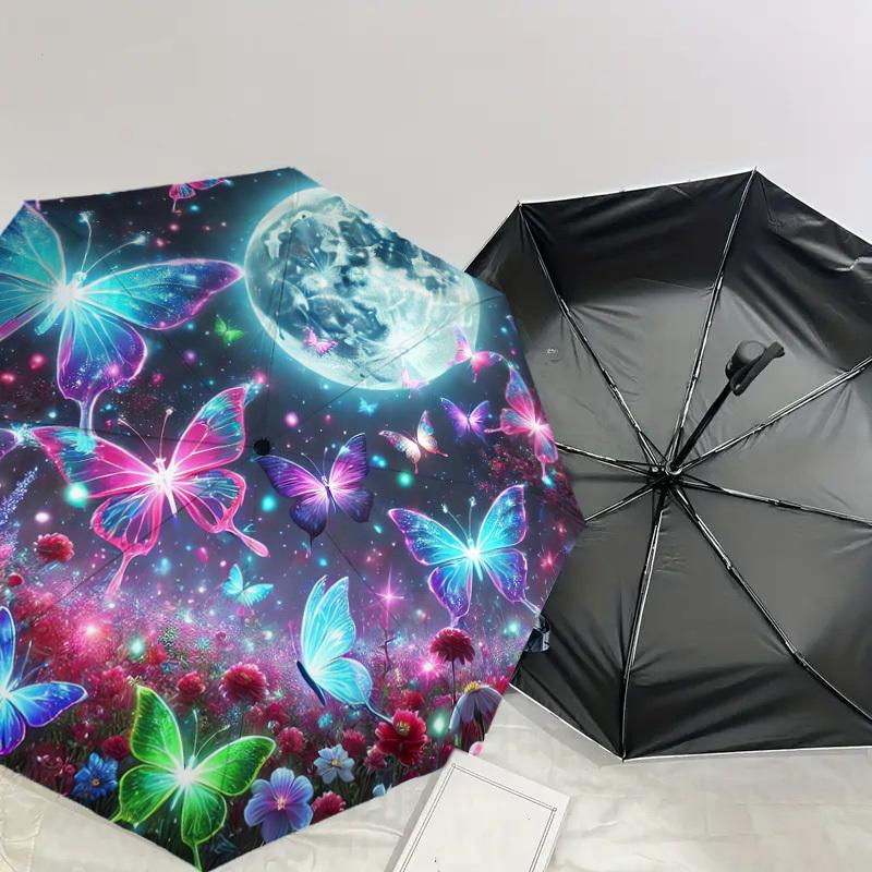 1pc Enchanted Night Garden with Butterflies and Moon Umbrella with Plastic Handle,Suitable for All Seasons Home Travel Outdoor UmbrellaDD1531