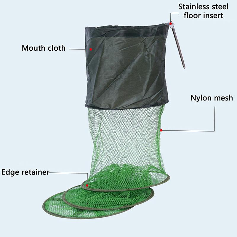 Portable Quick-Drying Nylon Mesh Steel Ring Folding Fishing Net Fish Crab Lobsters Mesh Cage Bucket Anti-Jump Storage Bag