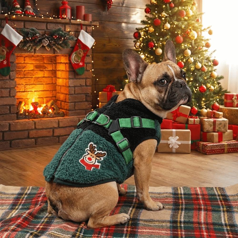 Elk Pattern Christmas Dog Coat Thickened Dog Chest Straps Vest Winter Dog Jacket Cold Weather