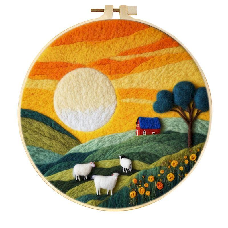 GATYZTORY DIY Wool Painting Kit With Frame Felting Needles Handmade Picture Kit Sunset Scenery For Home Decors Crafts Gift