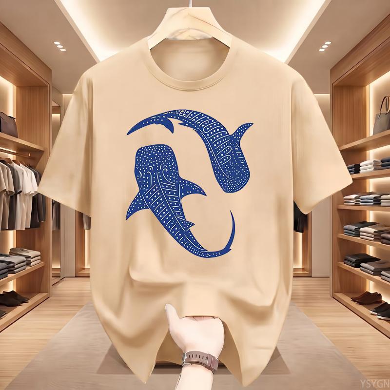 Men'S Print T-Shirt  Double Whale Totem Print Blue And White Contrast Design Casual Breathable