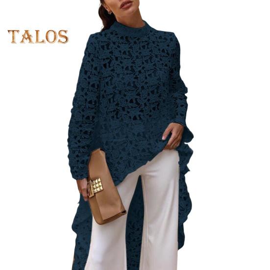 Dámská dlouhá top s výřezem, nepravidelná háčkovaná krajka, květinový patchwork, průsvitná krátká přední a zadní halenka s polovičními výstřihem a dlouhým rukávem