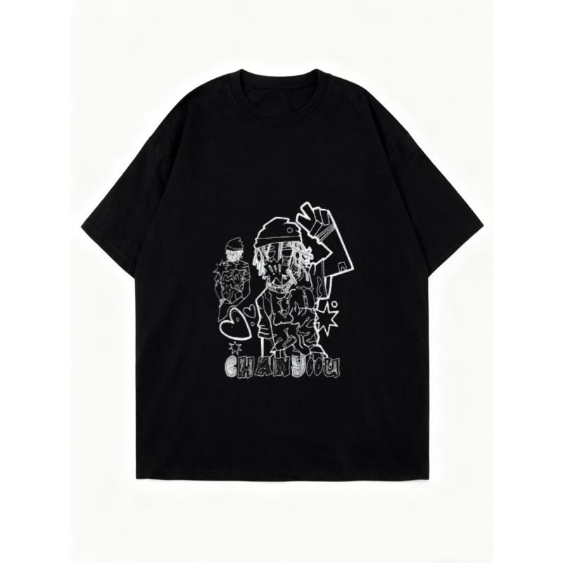 Oversized T-Shirt Black Cartoon Character and Text Print Casual Streetwear Style for Women