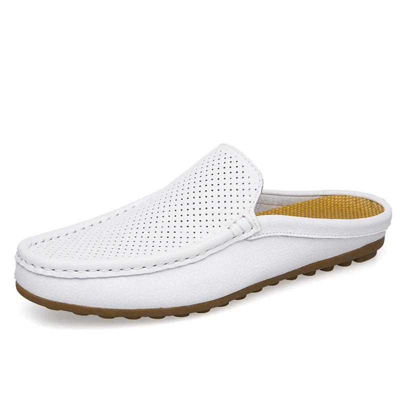 Fashion Brand Summer Half Men's Shoes Genuine Leather Breathable Loafers Slip On Casual Mulles Men Half Slippe Moccasins Plus Size 38-46