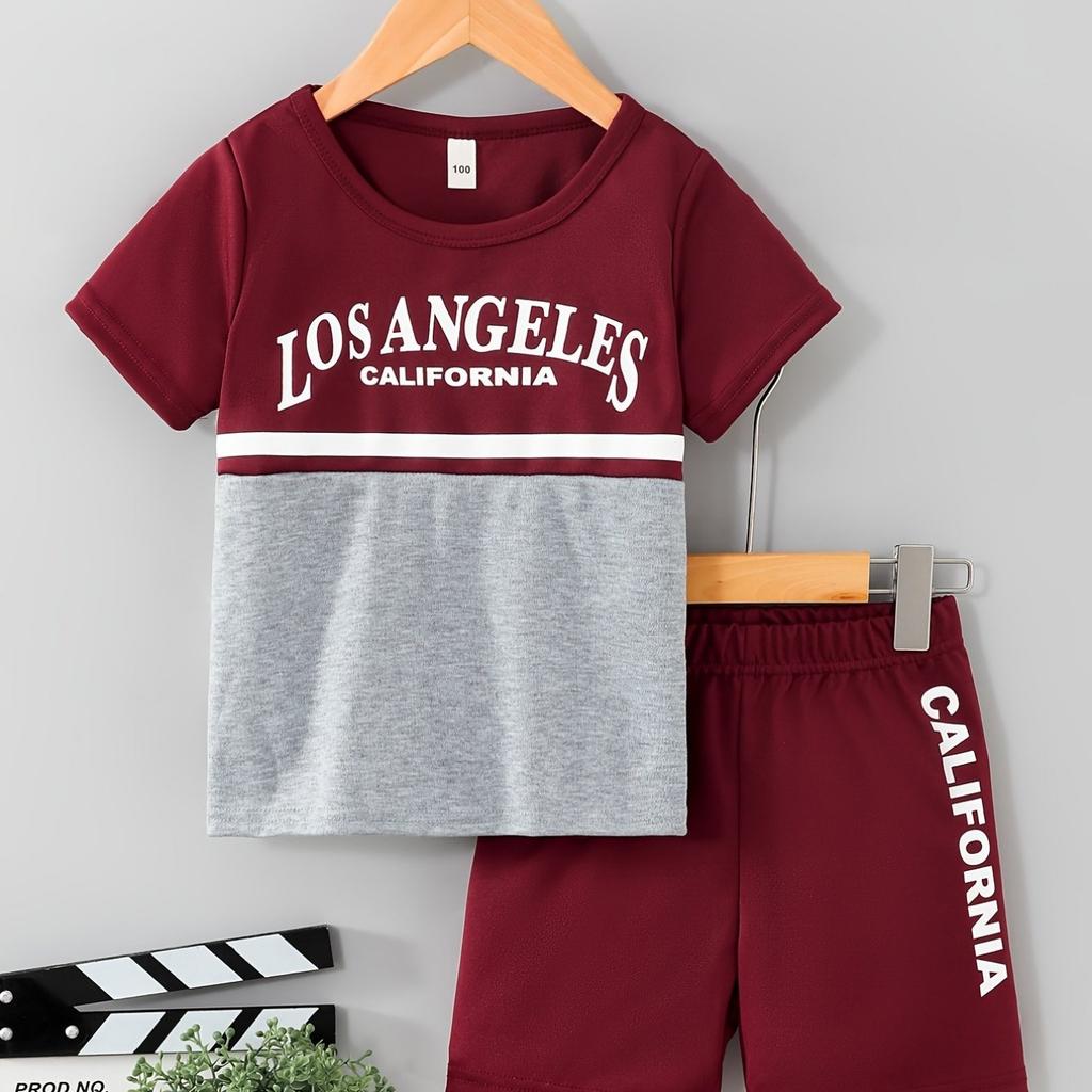 Pieces Featuring Gray And Red Color-Blocked Shorts with Round-Neck Print with Angeles Design