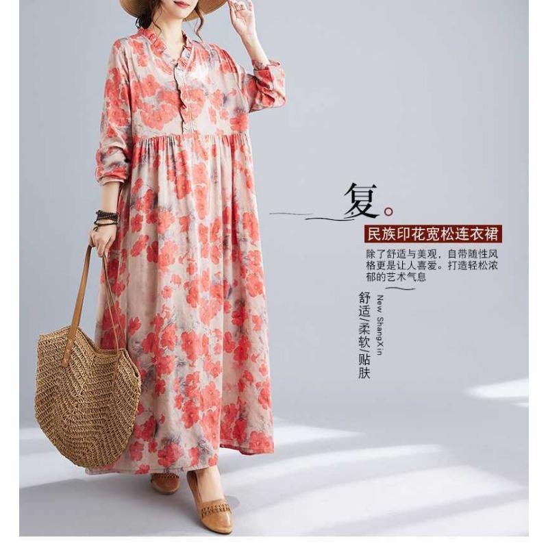 New Retro Printed Loose Belly Shading Mulle Lace Long Sleeve Dresses