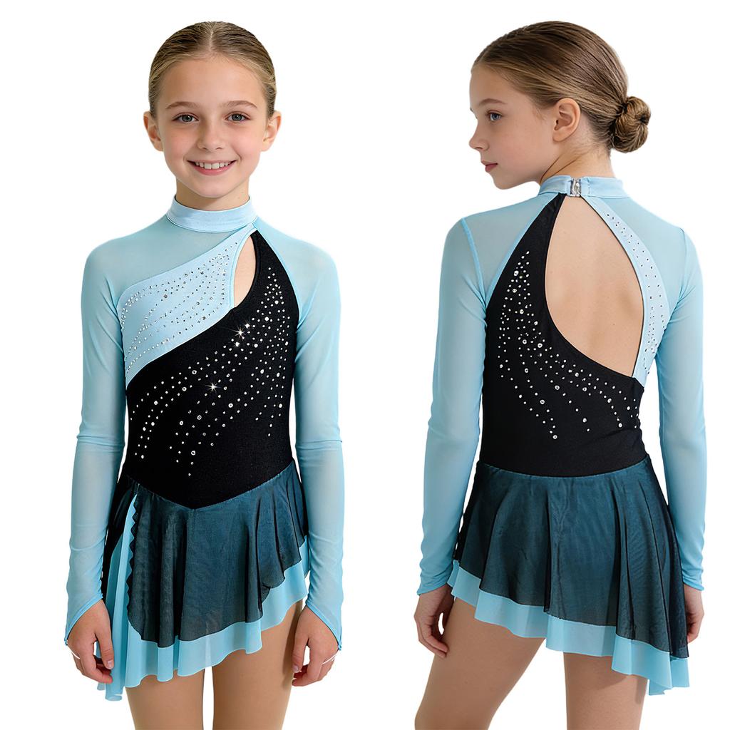 Girls Figure Skating Costume Mesh Long Sleeves Cutout Back Rhinestones Color Block Ruffled Dress Built-in Briefs