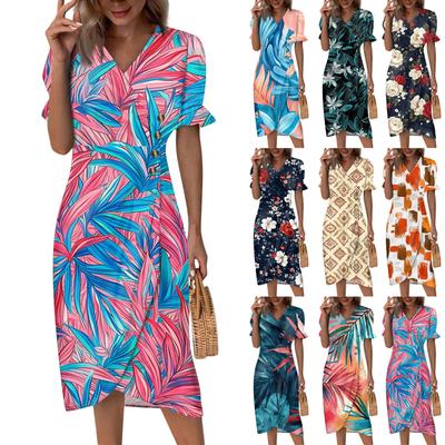 Sukienki plażowe dla kobiet Wiosna lato Elegancka, kopertowa sukienka z dekoltem w kształcie litery V, kwiecista sukienka Boho, zwiewna, marszczona, hawajska sukienka maxi