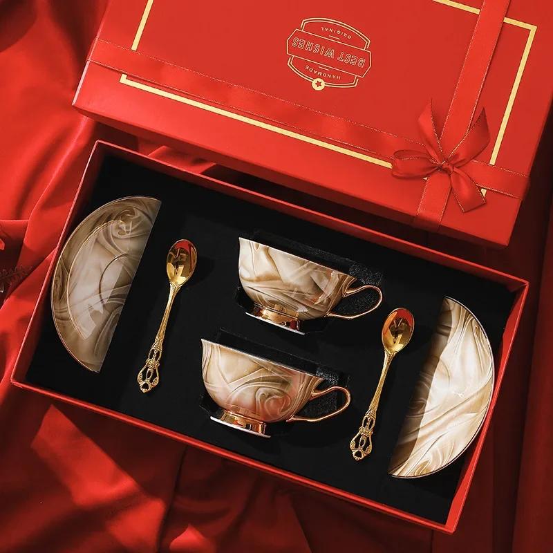 Exquisite Souvenir Bone China Coffee Cup Saucer Set Creative Water CupTea Cup European Style High-Value Tea Cup Tea Set Gift box
