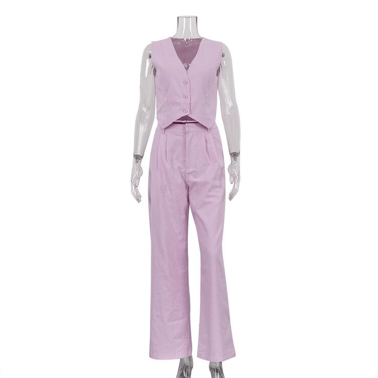 Women's Solid Color Linen Sleeveless Vest High Waist Wide Leg Pants 2 Piece Outfit Casual Co Ord Set