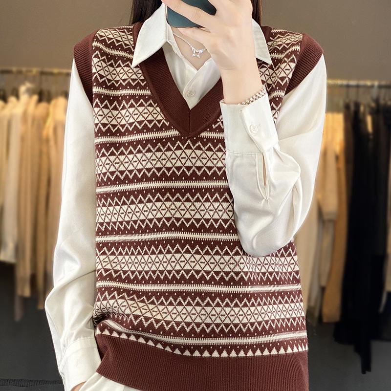 

Осень и зима новый ретро женский вязаный жилет пуловер жилет V-образный вырез свободный жаккардовый жилет S