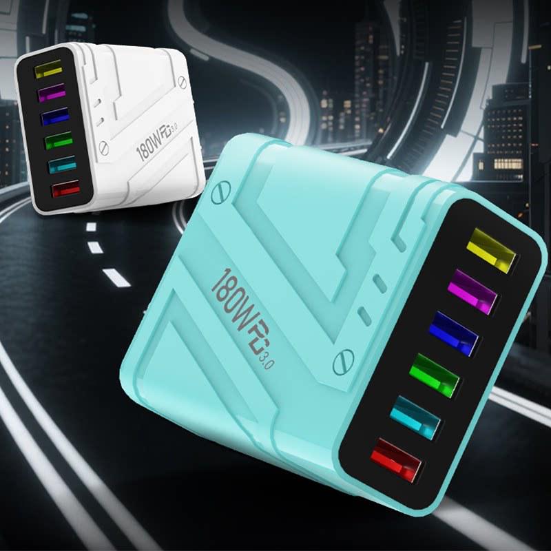 180W GaN Fast Charger with PD3.0, QC3.0, Super Flash Charge, 6-Port USB, Auto Disconnect