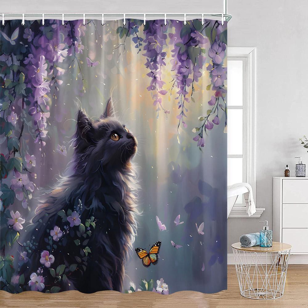 Grappige Katten Douchegordijn Katten Rijden op Haaien Cool Schattige Katten Honden Bloemen Zomer Badkamer Decoraties Polyester Badgordijn