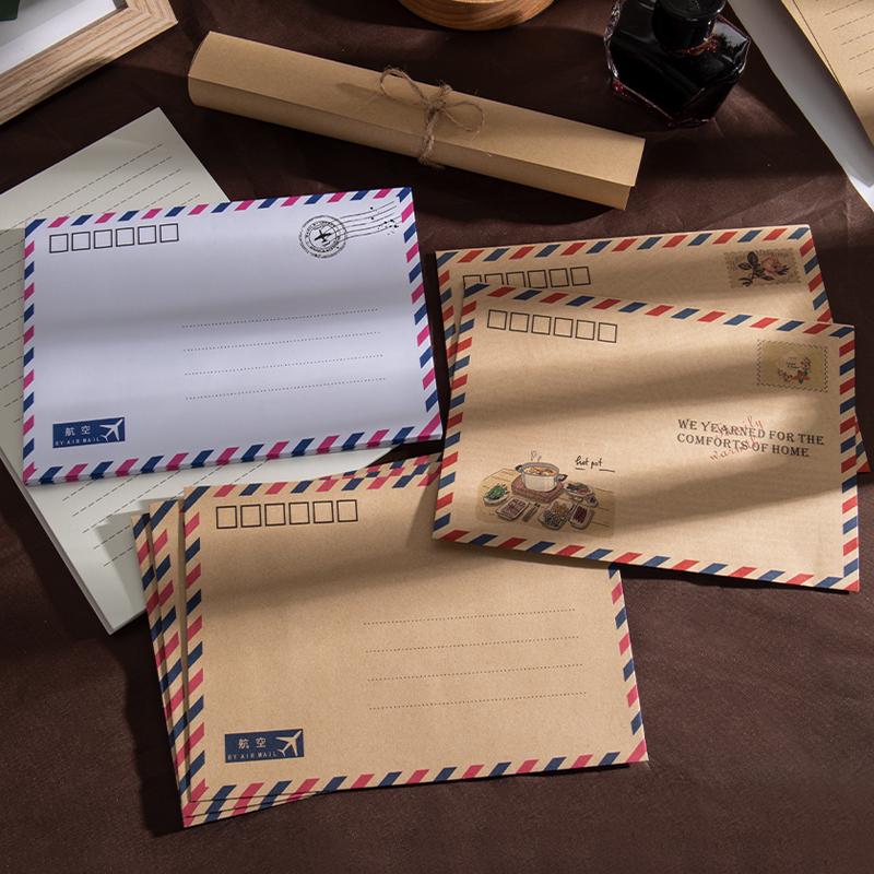 Kraft Paper Retro European Style Airmail Envelope & Stationery Set with Postcards and Greeting Cards In White