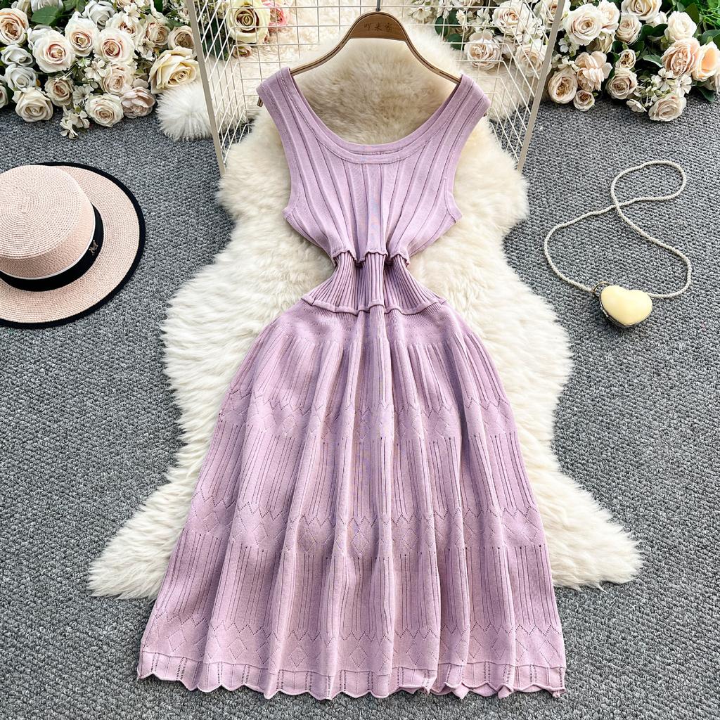 French pure desire U-neck sleeveless knitted dress women's summer new design sense niche waist thin medium and long dress