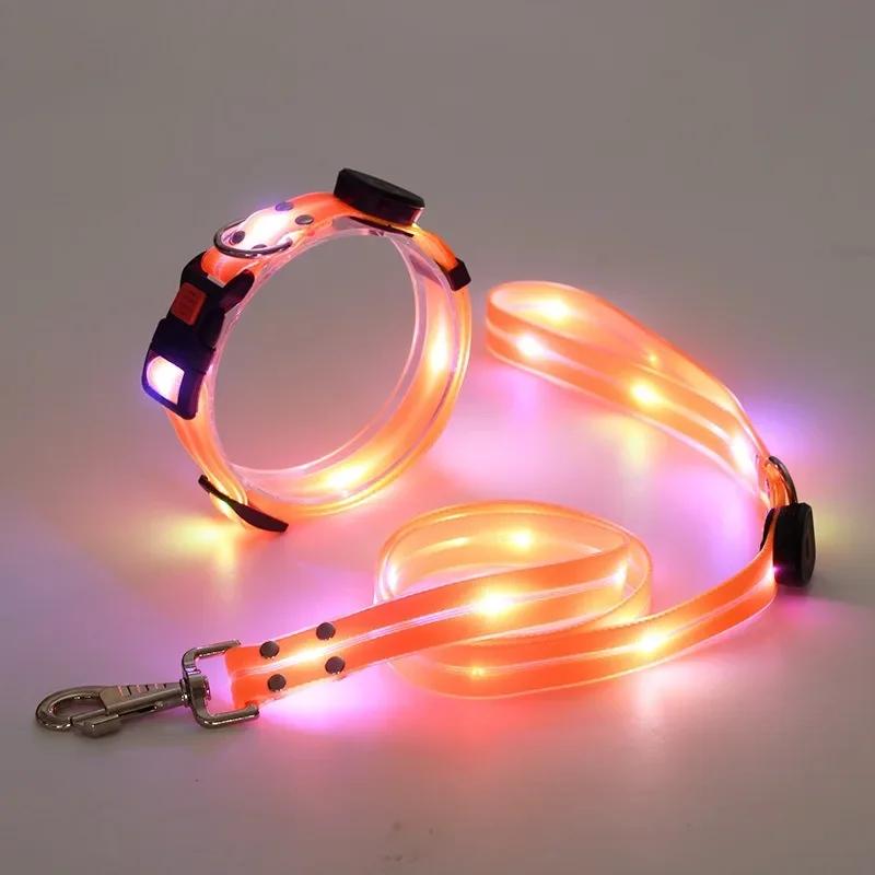 Nighttime Luminous Collar and Traction Rope Pet Collar with Nylon Webbing Dog Leash with Night To Prevent Getting Lost Cat Chain