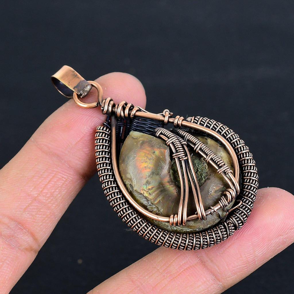 Ammonite 999 Copper Wire Wrapped Pendant, Handmade Gemstone Jewelry Pendant For Memorial Day