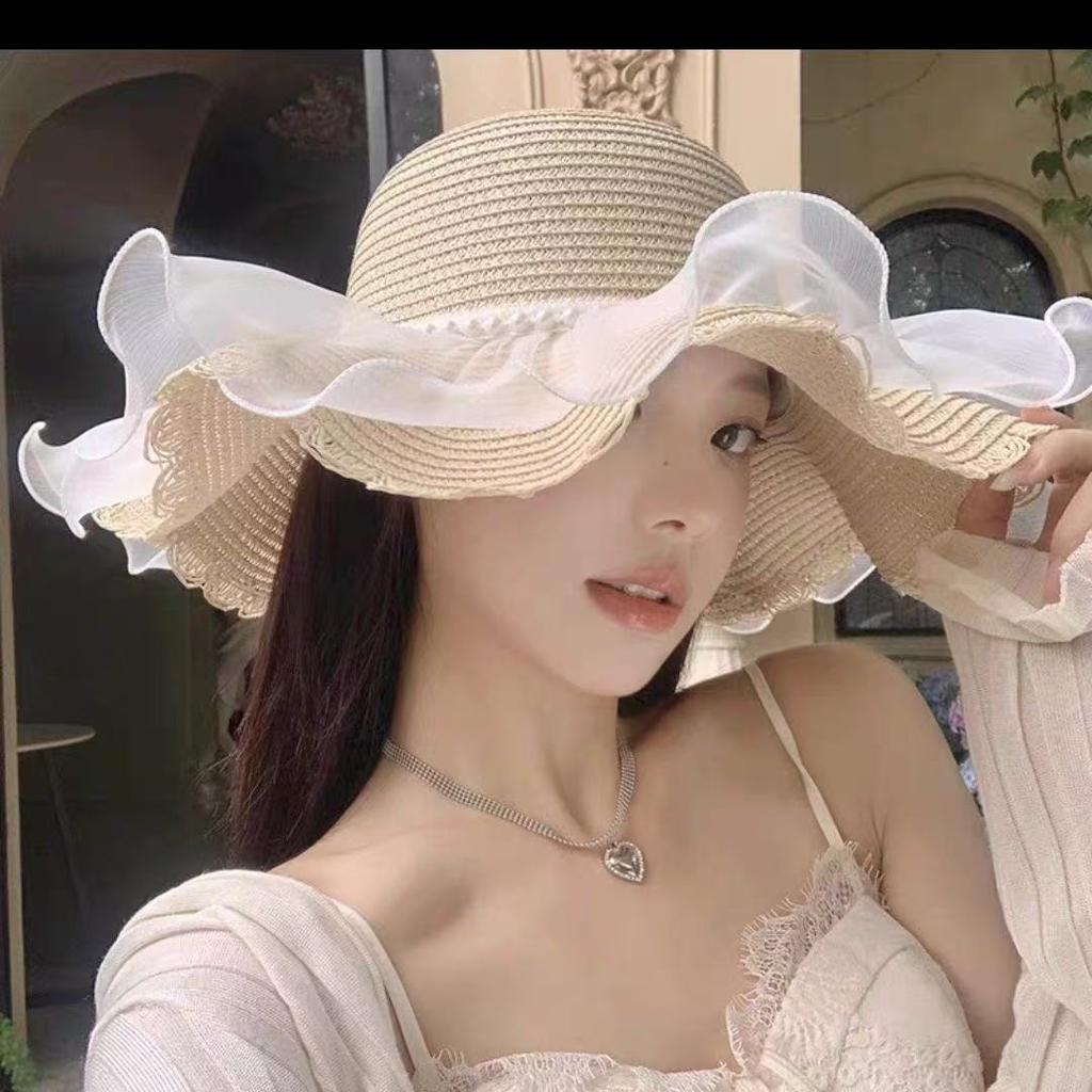 New bow lace straw hat women's summer seaside beach vacation sun hat large brim sun protection hat