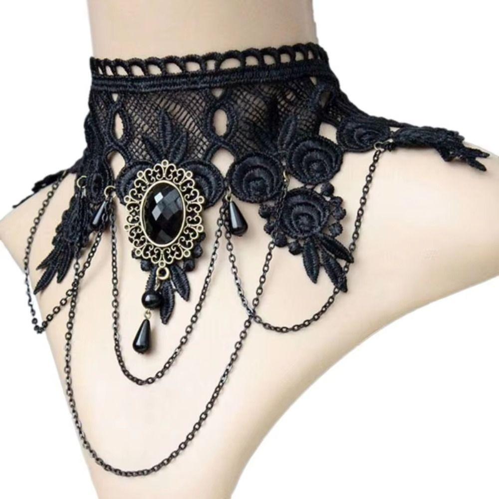 Steampunk Gothic Necklace Vintage Tassel Punk Retro Necklace Black Lace Choker Jewelry Gift