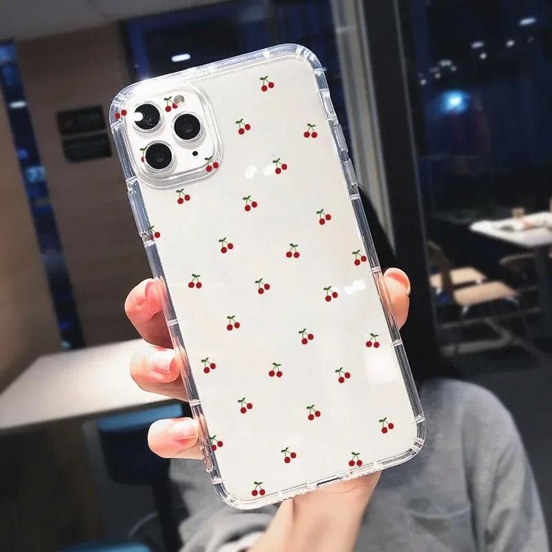 INS Korejský průhledný kryt na telefon s červenými třešněmi pro iPhone 15 14 13 12 11 Pro Max XR 16 Plus Kawaii Ovocný svěží kryt Dárek pro dívky