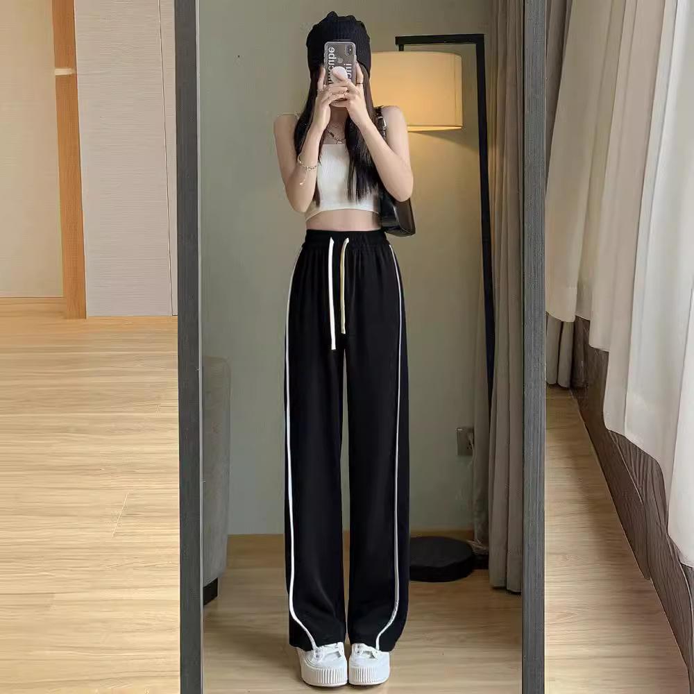 Striped Floor Wide-leg Pants for Women Spring and Summer Korean New Loose High-waist Slimming Straight-leg Casual Sports Pants