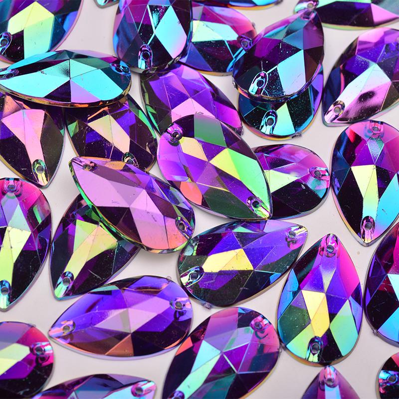 100Pcs 17*28mm Large Sewing Crystal AB Drop Rhinestone Applique Flatback Acrylic Stones Sew On Crystal Strass For Clothes