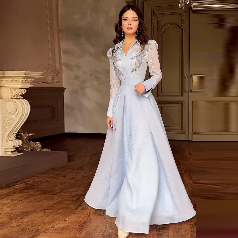 Toamnă 2024 Rochie lungă socialită cu mâneci lungi, cu guler răsturnat, cu inserții de plasă, culoare uni, pentru femei europene și americane