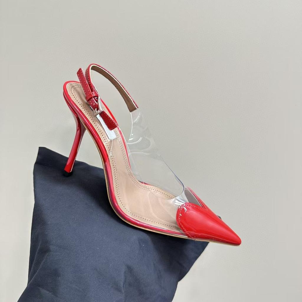 Summer 2025 New French Toe Cap, Pointed Toe, Transparent Pvc Fashion, Red High Heels