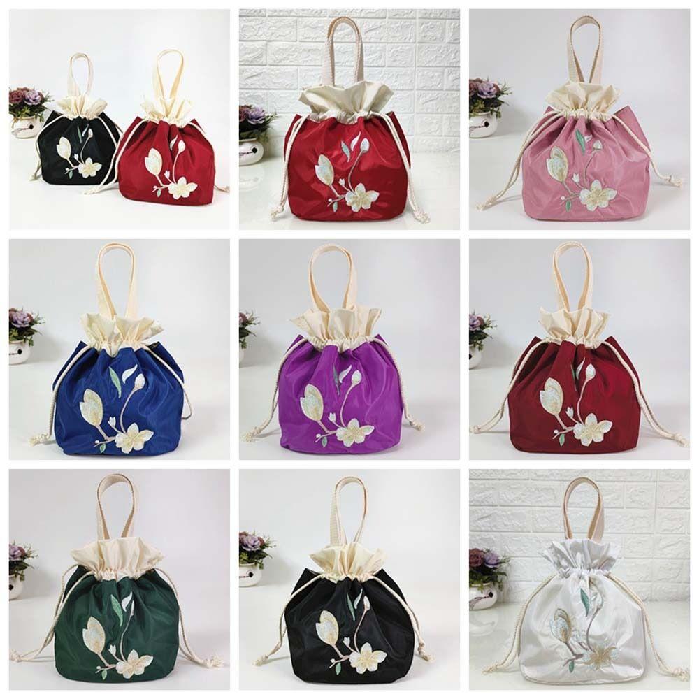 Mommy Bag Hanfu Drawstrings Bag Ruffle Floral Bucket Bag Embroidery Flower Handbag Ladies/Girls