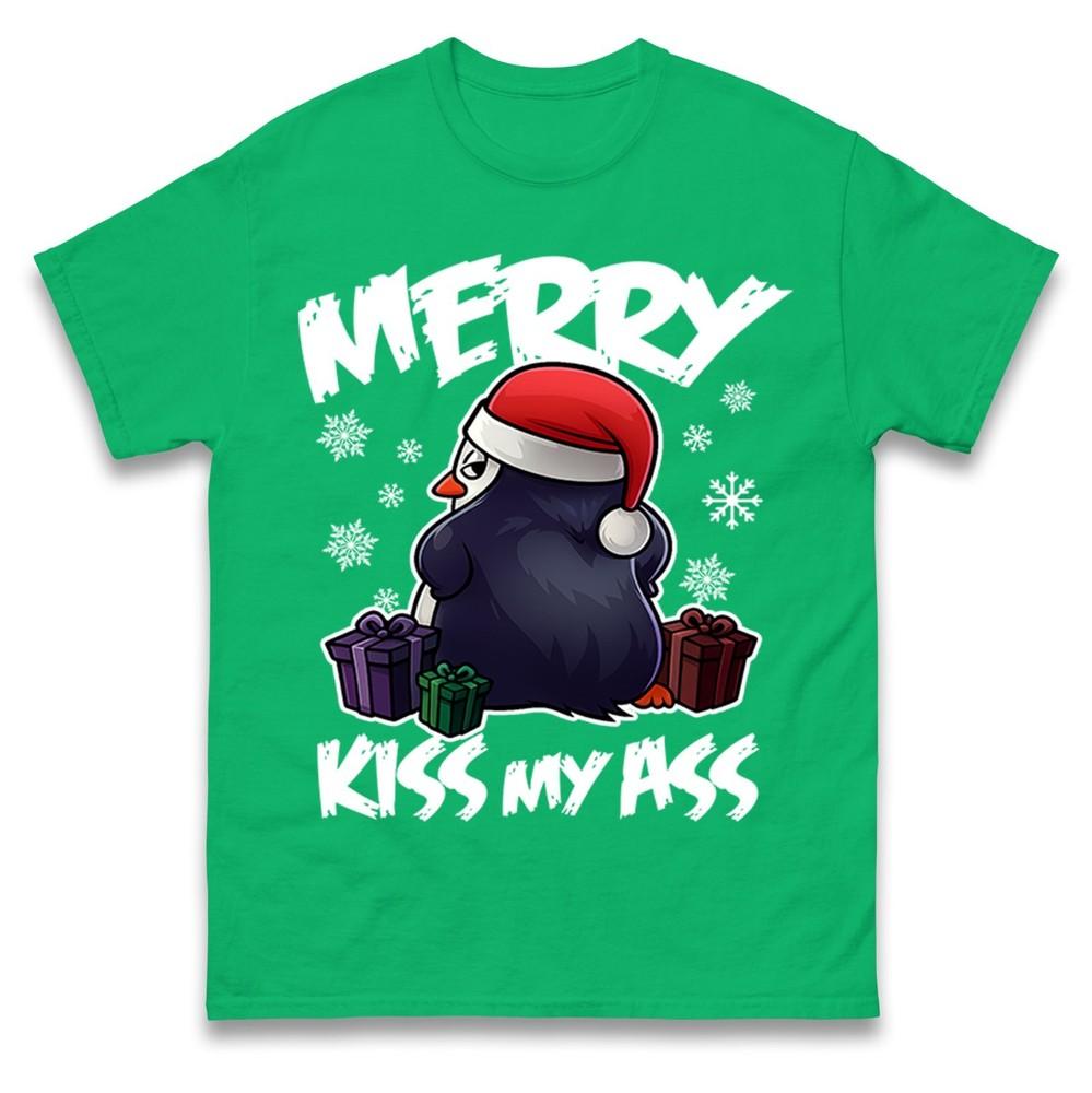 Merry Kiss My A Funny Penguin Christmas T Shirt Rude Xmas Adults Tee Shirt S