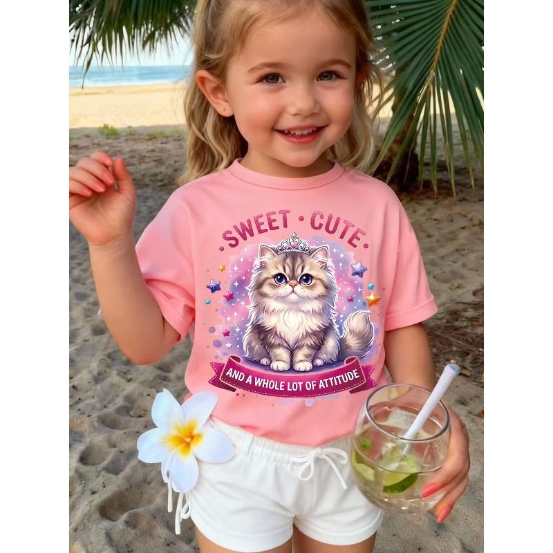 Girls Crewneck Short Sleeve T-Shirt, Stylish Temperamental Cute Cat Print 110 розовый