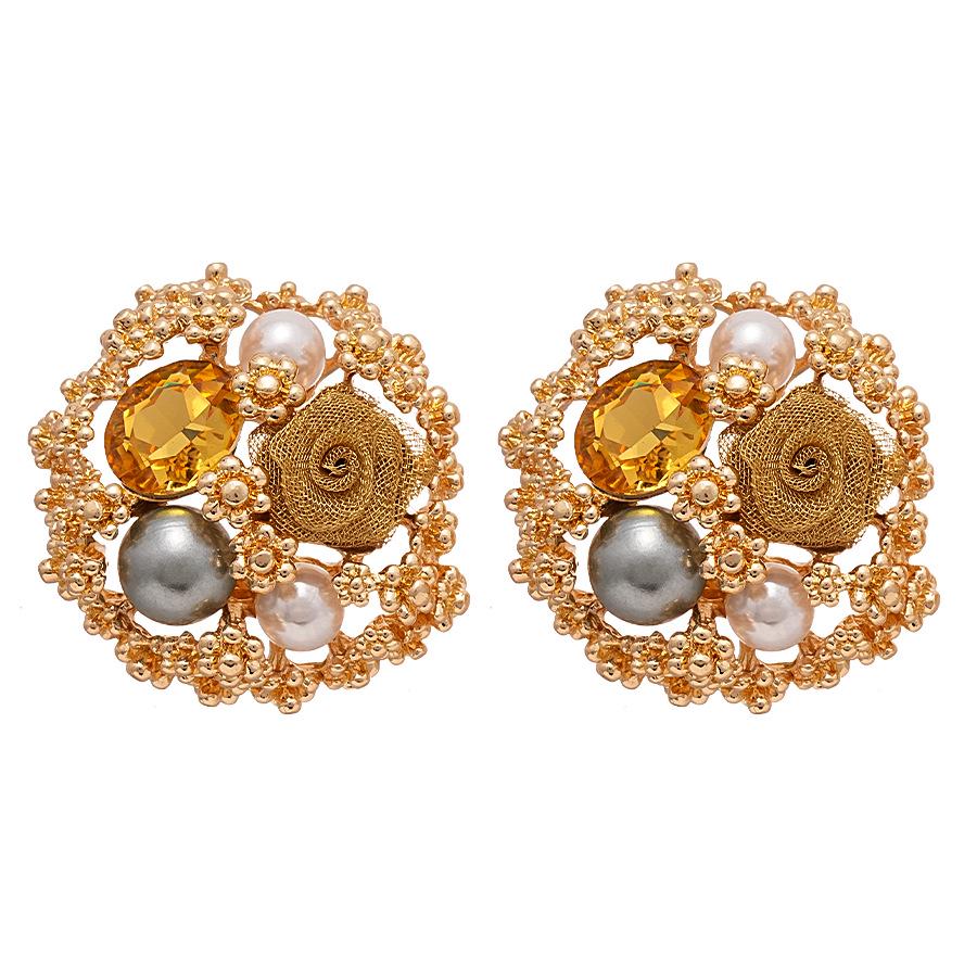 Vintage Metallic Rhinestone & Faux Pearl Flower Sterling Silver Stud Earrings - French Court Style for Women