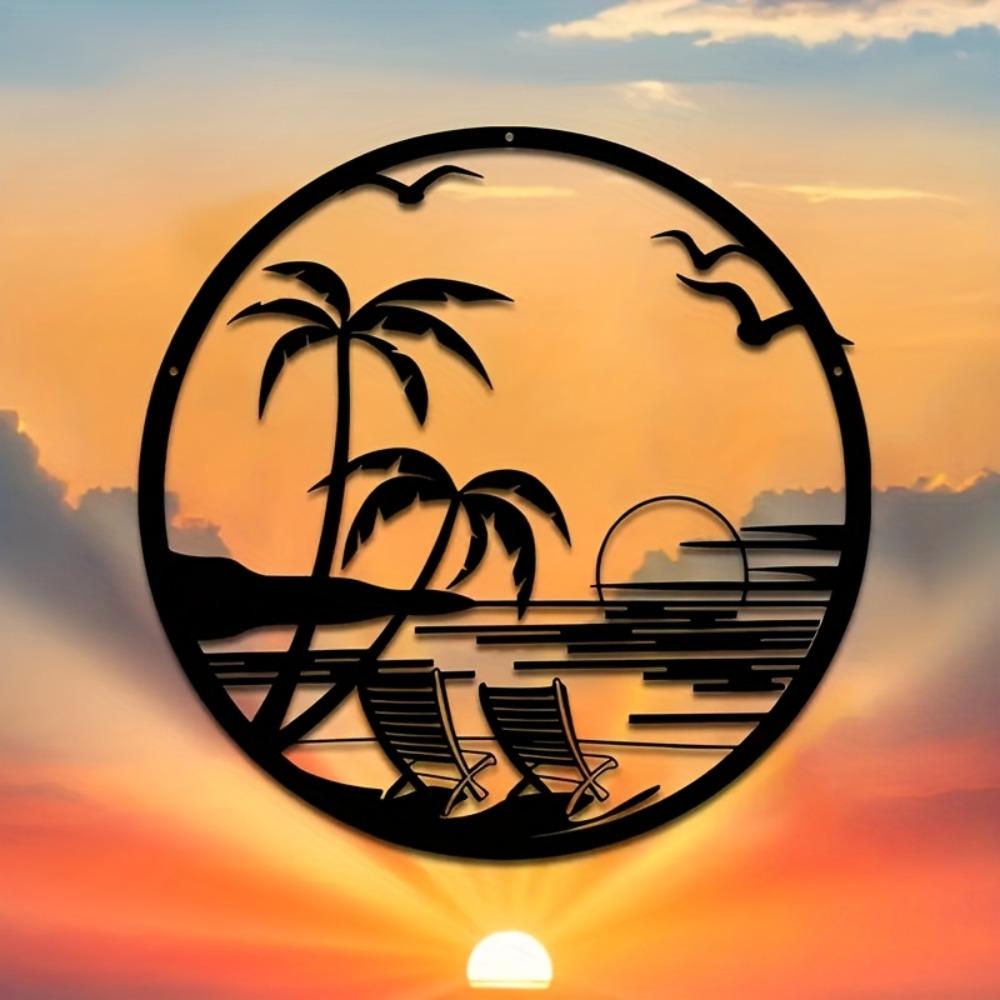 Metal Wall Art Beach Sunset Palm Tree Chair Silhouette Patio Balcony Decor