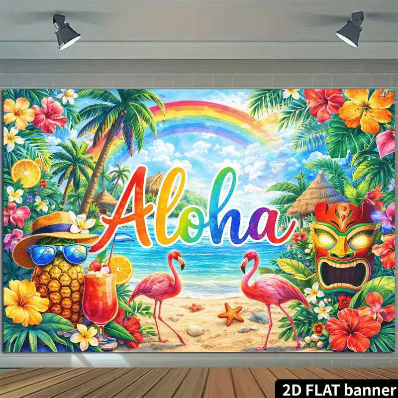 2D Summer Hawaii Aloha Tiki Mask & Flower Photo Booth Background