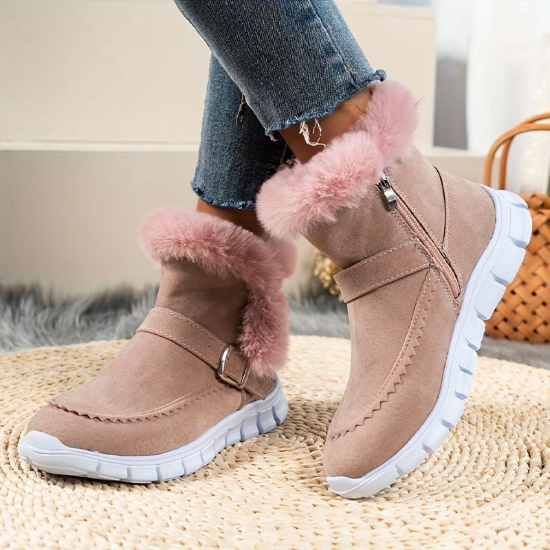 Winter Thermal Insulated Boots Warm Plush Lined Ankle Boots Fluffy Trim Side Zipper Boots Women'S Footwear