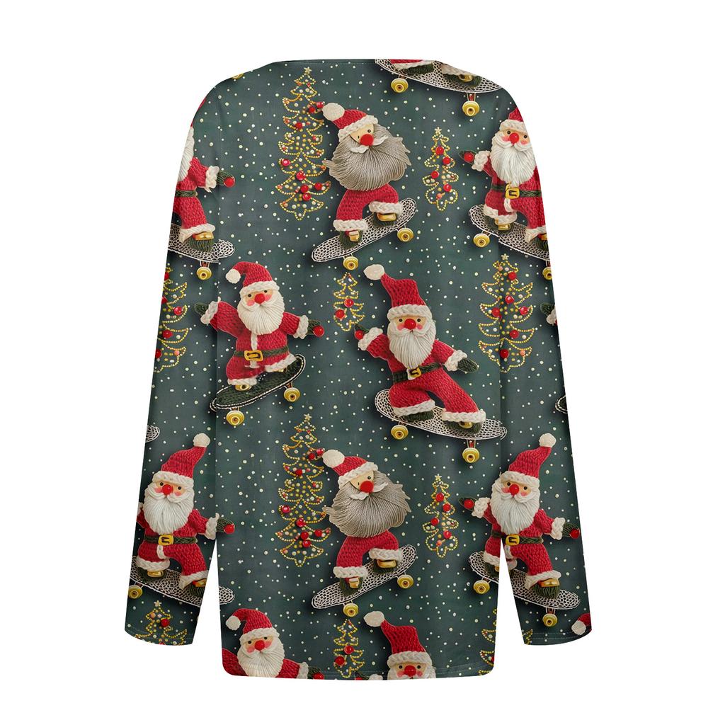 Women's Fashion Casual V-Neck Button-Up Long-Sleeve T-Shirt With Christmas Print Top